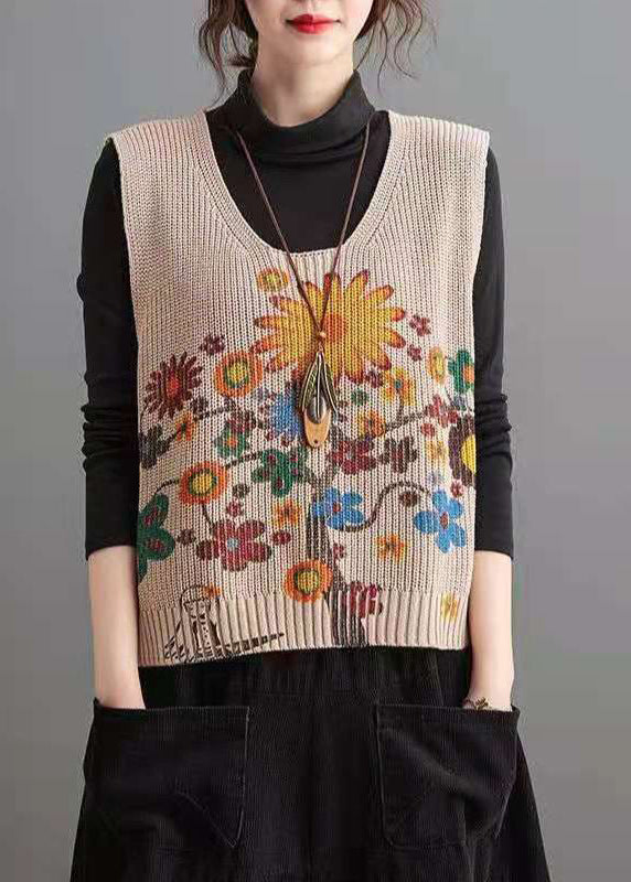 Elegant Apricot V Neck Print Low High Design Knit Waistcoat Fall HA1027