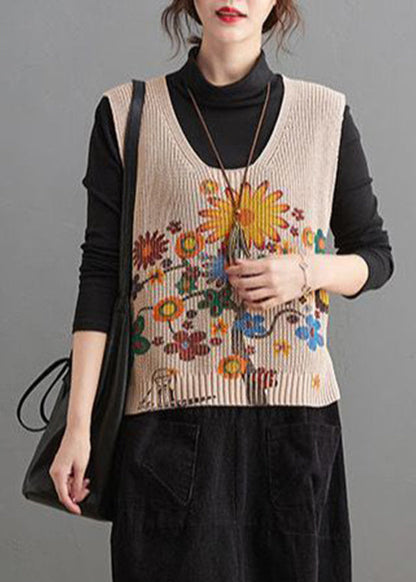 Elegant Apricot V Neck Print Low High Design Knit Waistcoat Fall HA1027