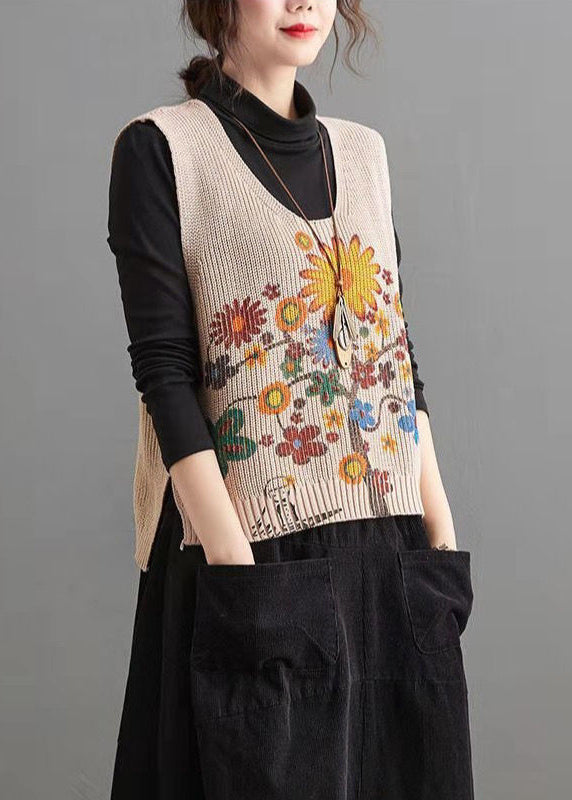 Elegant Apricot V Neck Print Low High Design Knit Waistcoat Fall HA1027