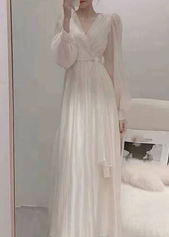 Elegant Apricot V Neck Tie Waist Chiffon Long Dress Spring TI1016