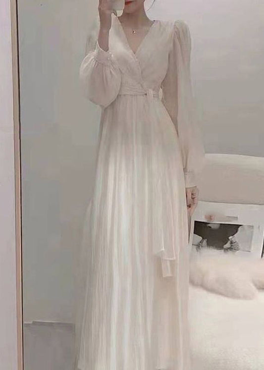 Elegant Apricot V Neck Tie Waist Chiffon Long Dress Spring TI1016