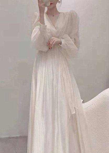 Elegant Apricot V Neck Tie Waist Chiffon Long Dress Spring TI1016