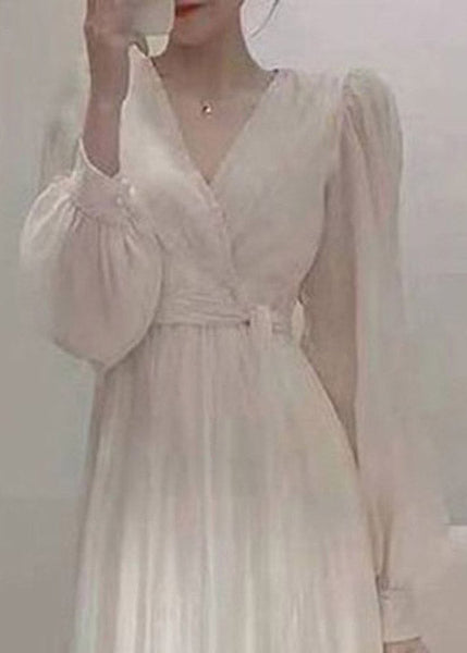 Elegant Apricot V Neck Tie Waist Chiffon Long Dress Spring TI1016