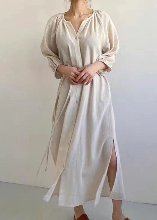 Elegant Beige Oversized Side Open Tie Waist Cotton Dress Bracelet Sleeve LY1322