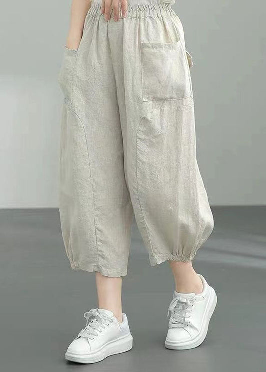 Elegant Beige Pockets Patchwork Linen Lantern Pants Summer LY0594