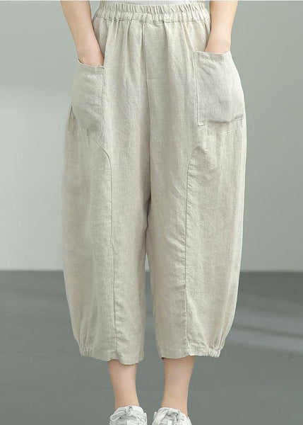Elegant Beige Pockets Patchwork Linen Lantern Pants Summer LY0594