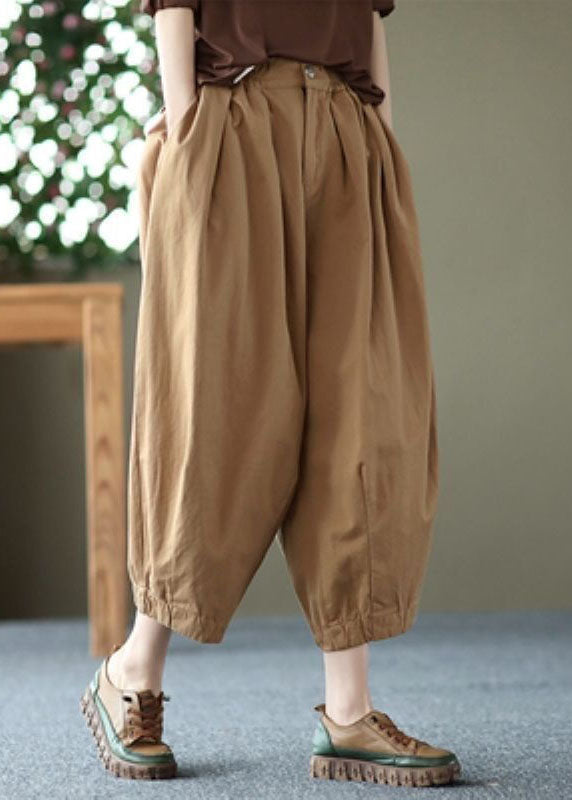 Elegant Beige Pockets Wrinkled Patchwork Linen Crop Pants Summer LY0621