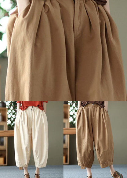 Elegant Beige Pockets Wrinkled Patchwork Linen Crop Pants Summer LY0621