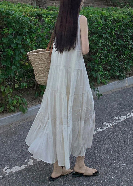 Elegant Beige V Neck Patchwork Vacation Solid Chiffon Long Dresses Summer LC0063