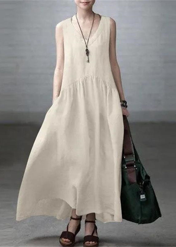 Elegant Beige V Neck Wrinkled Patchwork Cotton Mini Dress Sleeveless LC0457