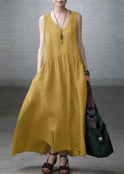 Elegant Beige V Neck Wrinkled Patchwork Cotton Mini Dress Sleeveless LC0457