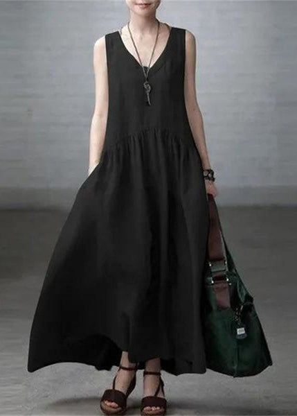 Elegant Beige V Neck Wrinkled Patchwork Cotton Mini Dress Sleeveless LC0457