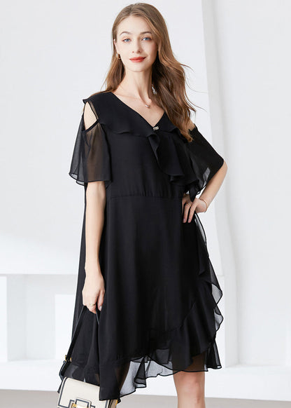 Elegant Black Cold Shoulder Ruffles Chiffon Maxi Dresses Summer LY0332