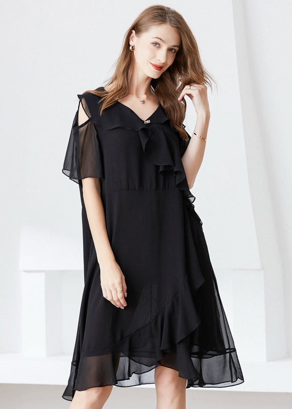 Elegant Black Cold Shoulder Ruffles Chiffon Maxi Dresses Summer LY0332