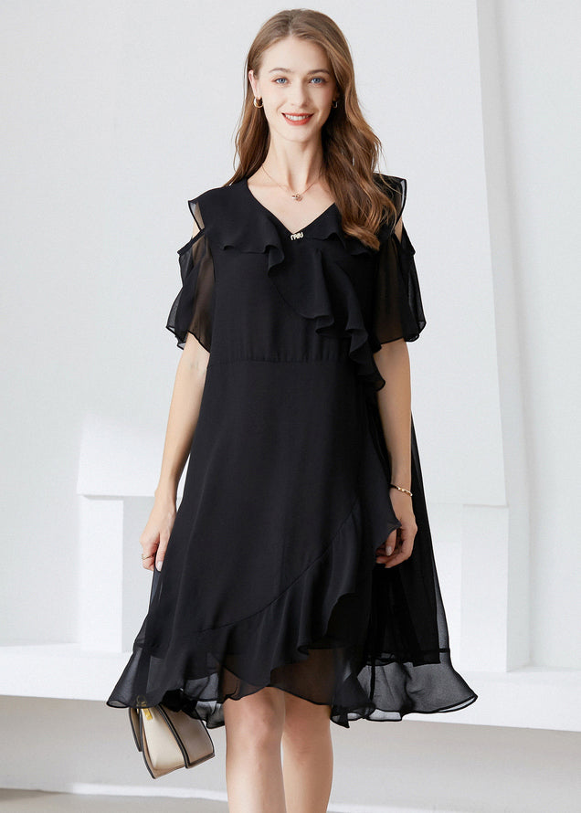 Elegant Black Cold Shoulder Ruffles Chiffon Maxi Dresses Summer LY0332