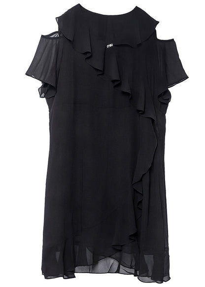 Elegant Black Cold Shoulder Ruffles Chiffon Maxi Dresses Summer LY0332