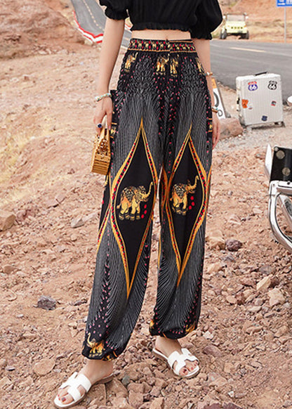 Elegant Black Elastic Waist Print Lantern Pants Summer LY0200