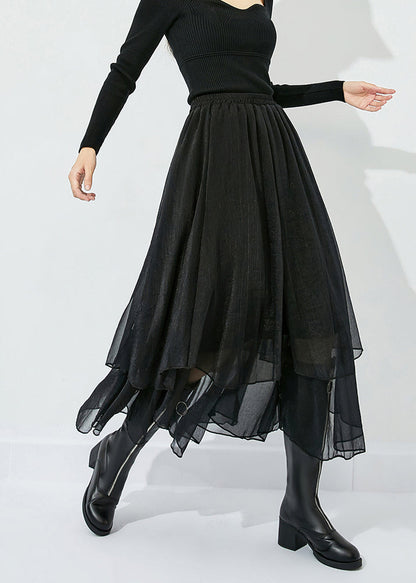 Elegant Black High Waist Layered Design Tulle Skirt Summer LY0810