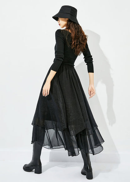 Elegant Black High Waist Layered Design Tulle Skirt Summer LY0810