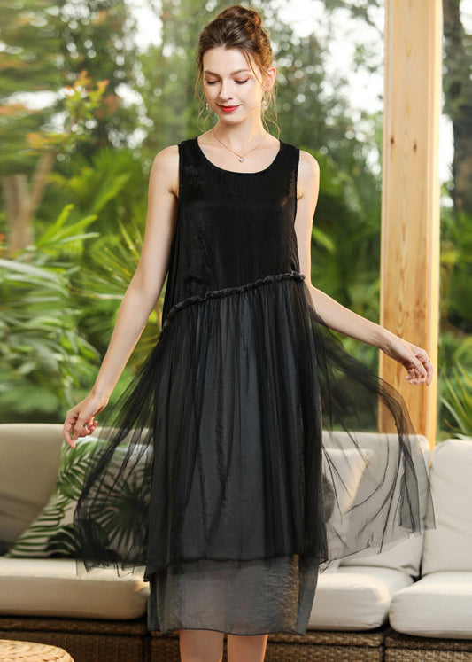 Elegant Black O-Neck Patchwork Tulle Long Dresses Sleeveless LY0283