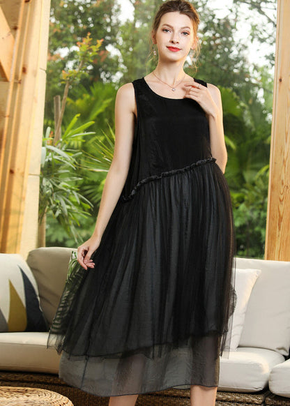 Elegant Black O-Neck Patchwork Tulle Long Dresses Sleeveless LY0283