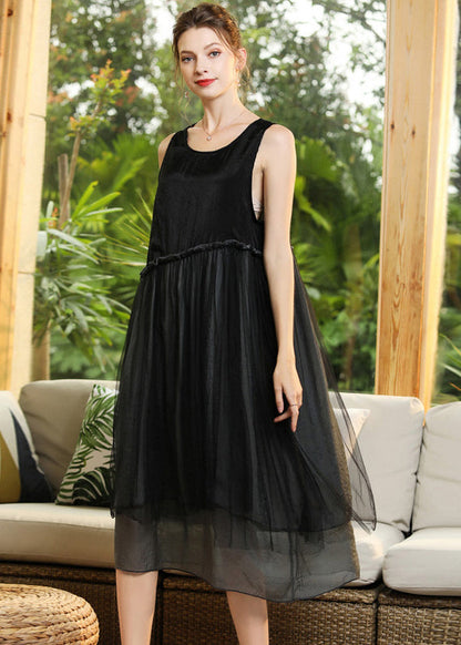 Elegant Black O-Neck Patchwork Tulle Long Dresses Sleeveless LY0283