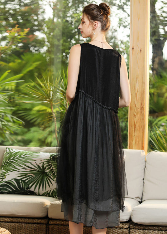 Elegant Black O-Neck Patchwork Tulle Long Dresses Sleeveless LY0283