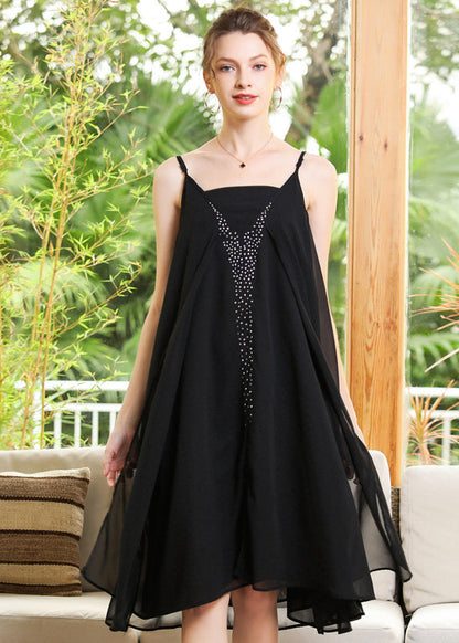 Elegant Black Oversized Diamond Chiffon Spaghetti Strap Dress Summer LY0264