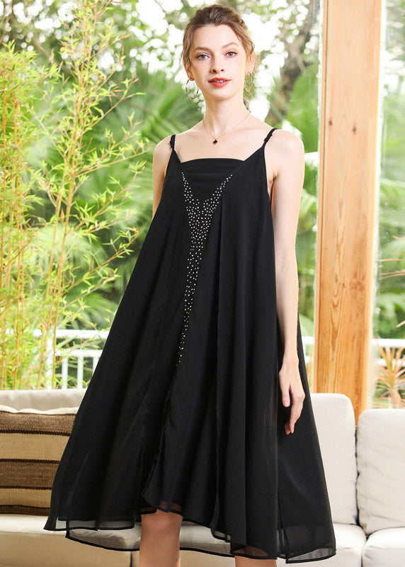 Elegant Black Oversized Diamond Chiffon Spaghetti Strap Dress Summer LY0264