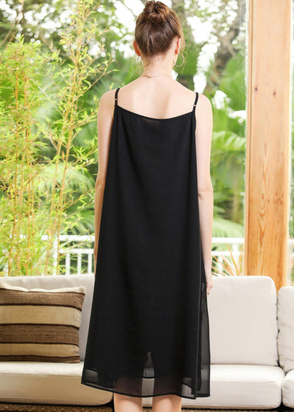 Elegant Black Oversized Diamond Chiffon Spaghetti Strap Dress Summer LY0264