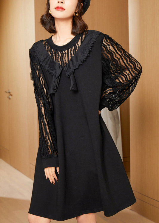 Elegant Black Oversized Lace Patchwork Hollow Out Spandex Dress Spring LY0304
