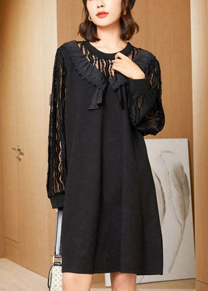 Elegant Black Oversized Lace Patchwork Hollow Out Spandex Dress Spring LY0304