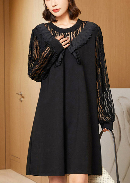 Elegant Black Oversized Lace Patchwork Hollow Out Spandex Dress Spring LY0304