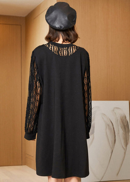 Elegant Black Oversized Lace Patchwork Hollow Out Spandex Dress Spring LY0304
