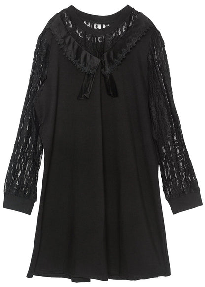 Elegant Black Oversized Lace Patchwork Hollow Out Spandex Dress Spring LY0304