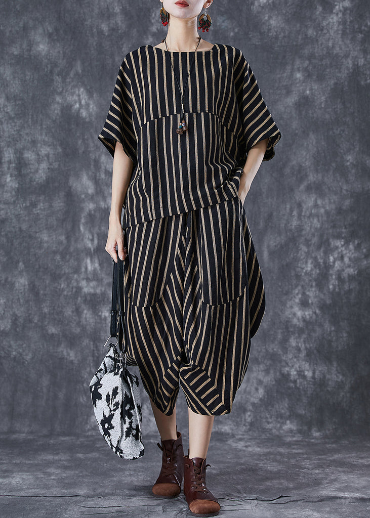 Elegant Black Oversized Striped Linen Women Sets 2 Pieces Summer TD1050