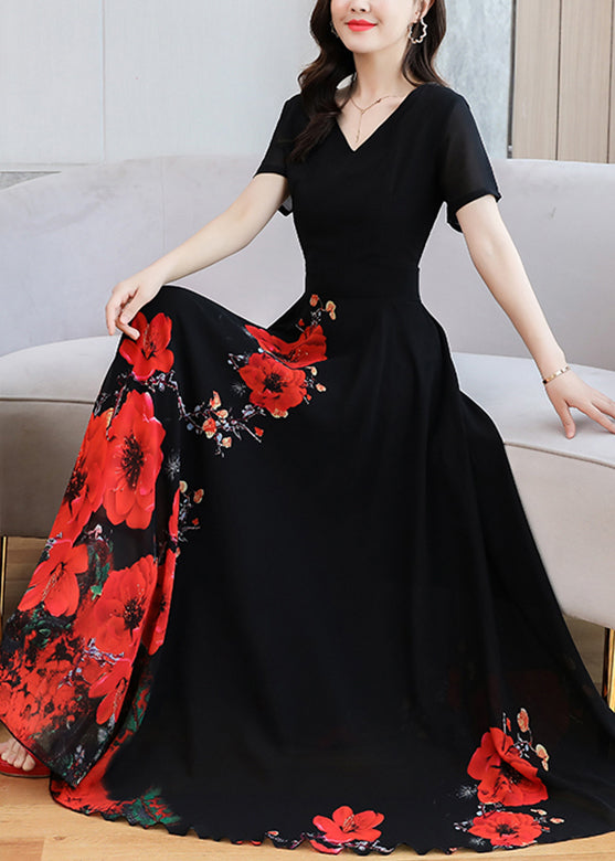 Elegant Black Print Chiffon Maxi Holiday Dress Summer LY1705