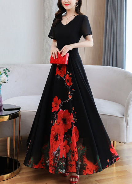 Elegant Black Print Chiffon Maxi Holiday Dress Summer LY1705