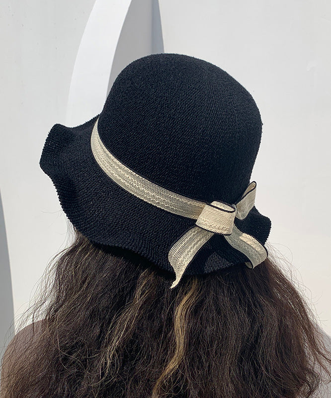 Elegant Black Ruffled Bow Straw Woven Floppy Sun Hat LY505