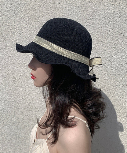 Elegant Black Ruffled Bow Straw Woven Floppy Sun Hat LY505