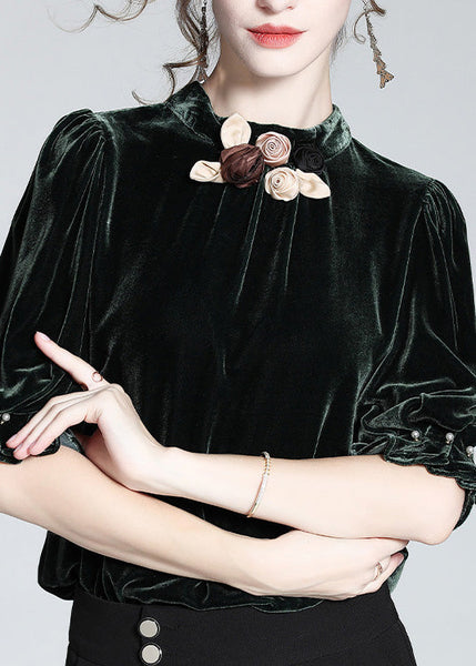 Elegant Blackish Green Stand Collar Floral Silk Velour Top Short Sleeve LY0979