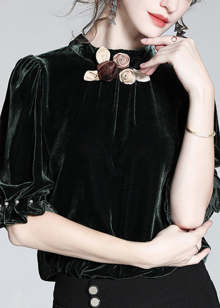 Elegant Blackish Green Stand Collar Floral Silk Velour Top Short Sleeve LY0979