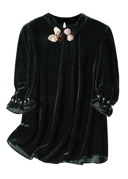 Elegant Blackish Green Stand Collar Floral Silk Velour Top Short Sleeve LY0979