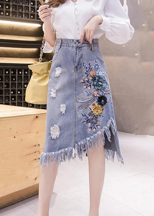 Elegant Blue Asymmetrical Patchwork Tassel Hole Denim Skirts Summer TY1077