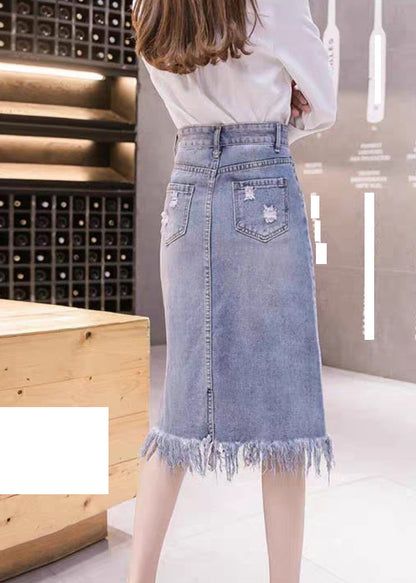 Elegant Blue Asymmetrical Patchwork Tassel Hole Denim Skirts Summer TY1077