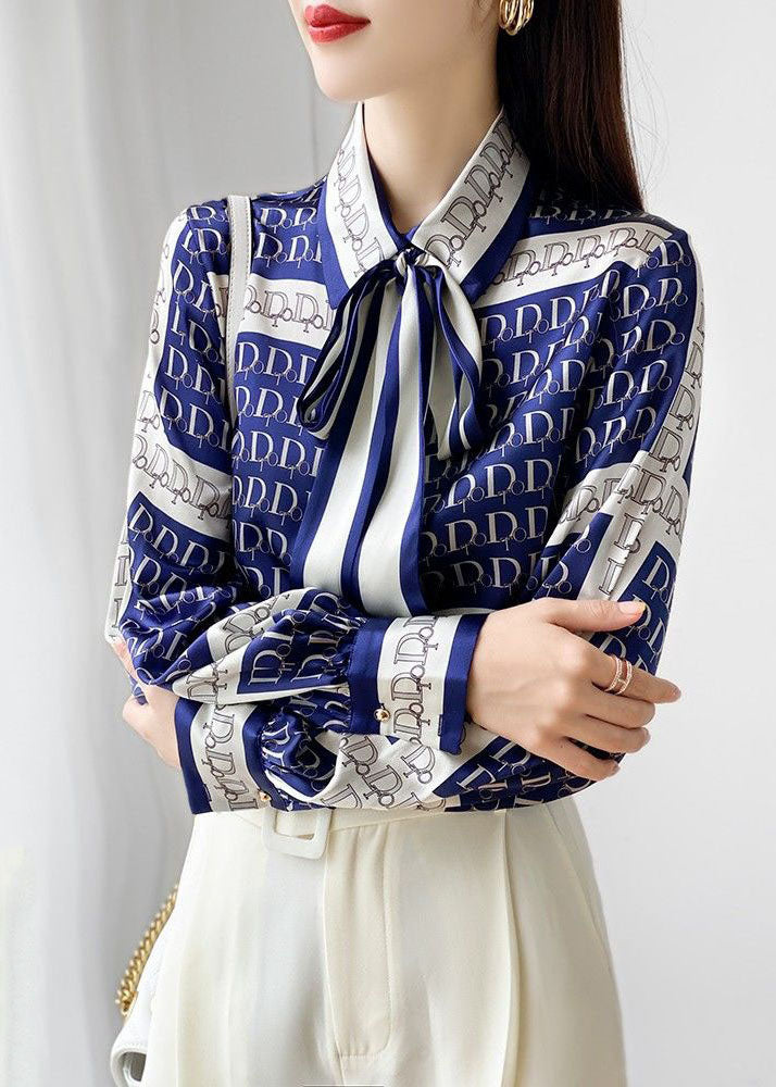 Elegant Blue Bow Print Wrinkled Silk Blouse Tops Spring LY0386