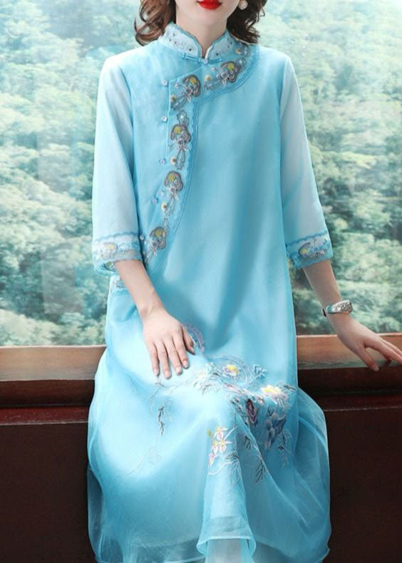 Elegant Blue Mandarin Collar Embroideried Chiffon A Line Dresses Bracelet Sleeve FR2030