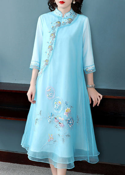 Elegant Blue Mandarin Collar Embroideried Chiffon A Line Dresses Bracelet Sleeve FR2030