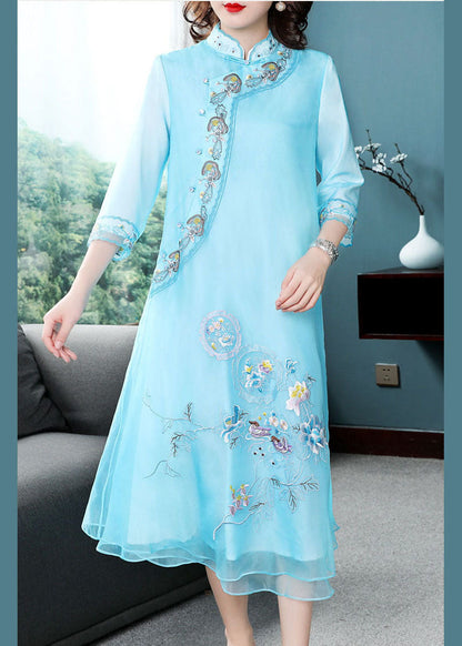 Elegant Blue Mandarin Collar Embroideried Chiffon A Line Dresses Bracelet Sleeve FR2030