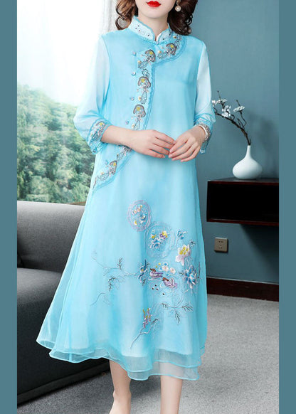 Elegant Blue Mandarin Collar Embroideried Chiffon A Line Dresses Bracelet Sleeve FR2030